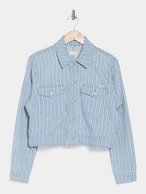MOTHER Crop Striped Denim Jacket Frayed Hem Stretch Blue White Medium